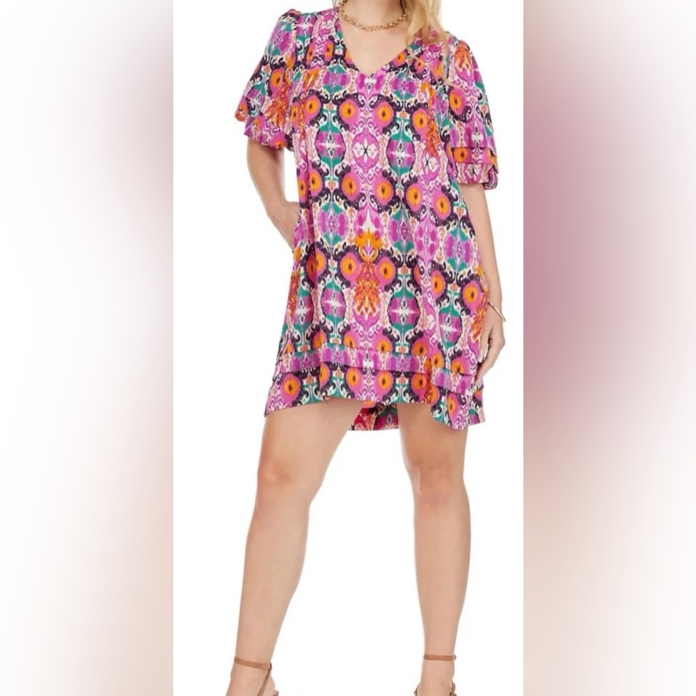 JOY JOY MAGENTA ABSTRACT MINI DRESS XS V-NECK SHORT SLEEVE LINED